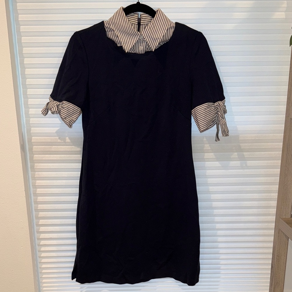 1901 Navy Dress with Striped Accents